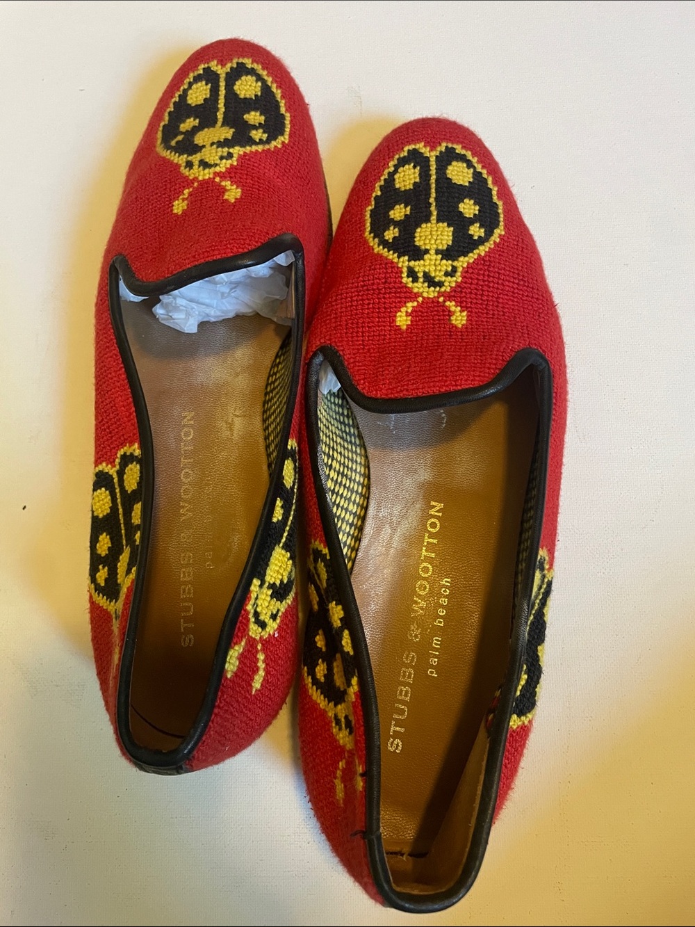 Stubbs & Wootton Red Knit Ladybug Embroidered Loafers